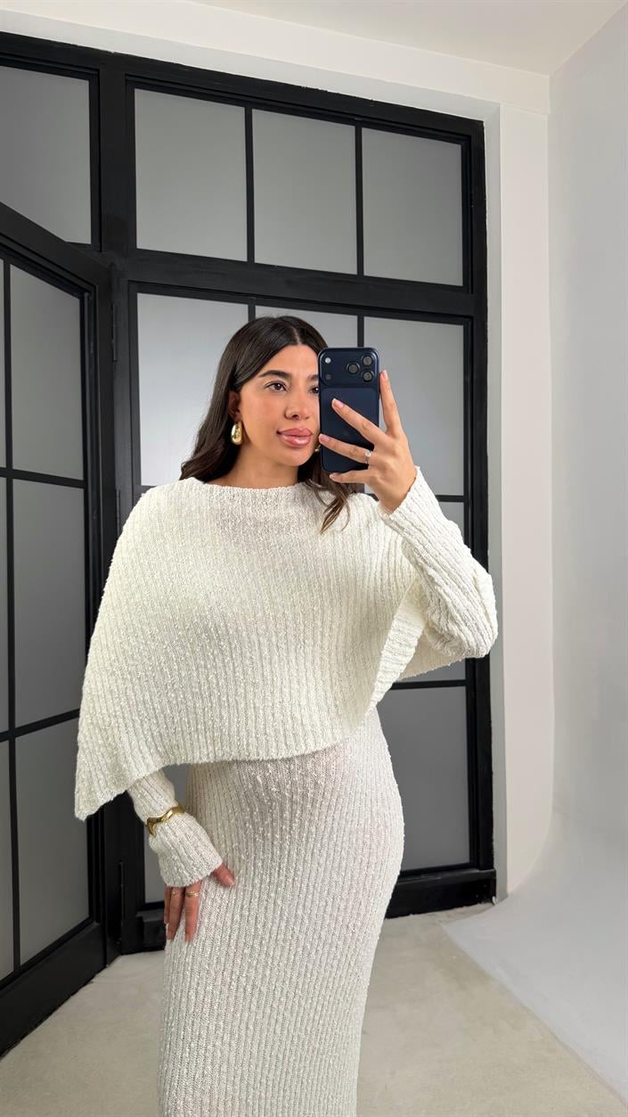 Ekru Elbise Pelerin Triko İkili Takım GAUS-01194