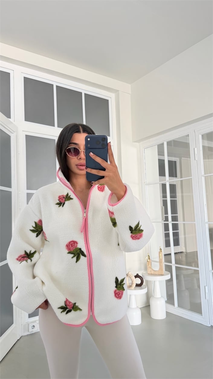 Pembe Gül Desenli Fermuarlı Polar Sweatshirt GAUS-01916 GAUS-01926