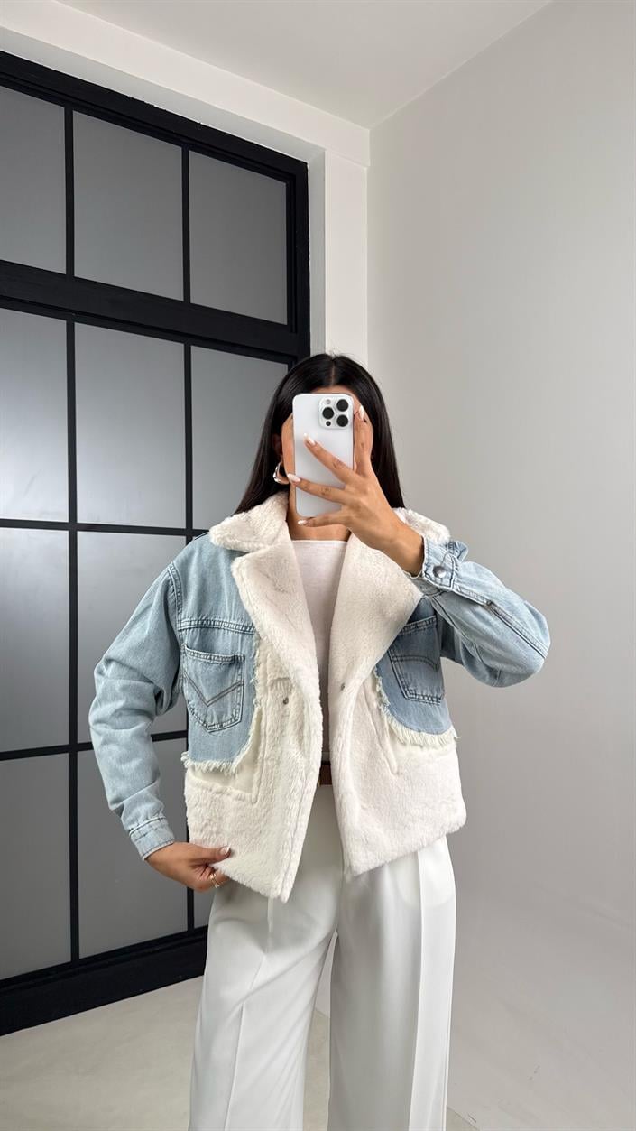 Ekru Denim Detaylı Peluş Ceket GAUS-00583