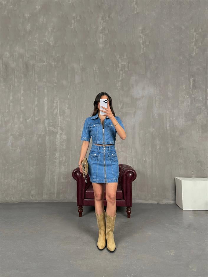Mavi Cepli Önü Fermuarlı Denim Etekli Takım Gaus00259