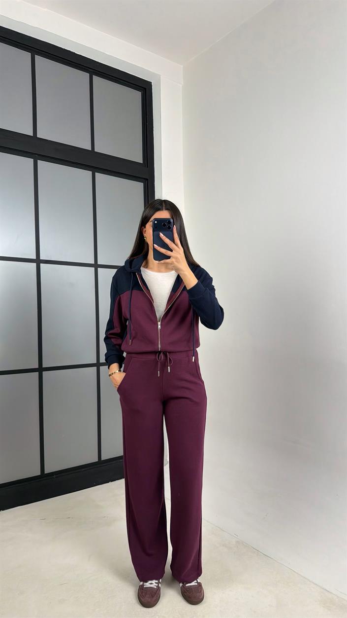 Mürdüm Hırka Beli Lastikli Pantolon İkili Selanik Kumaş Takım GAUS-00800