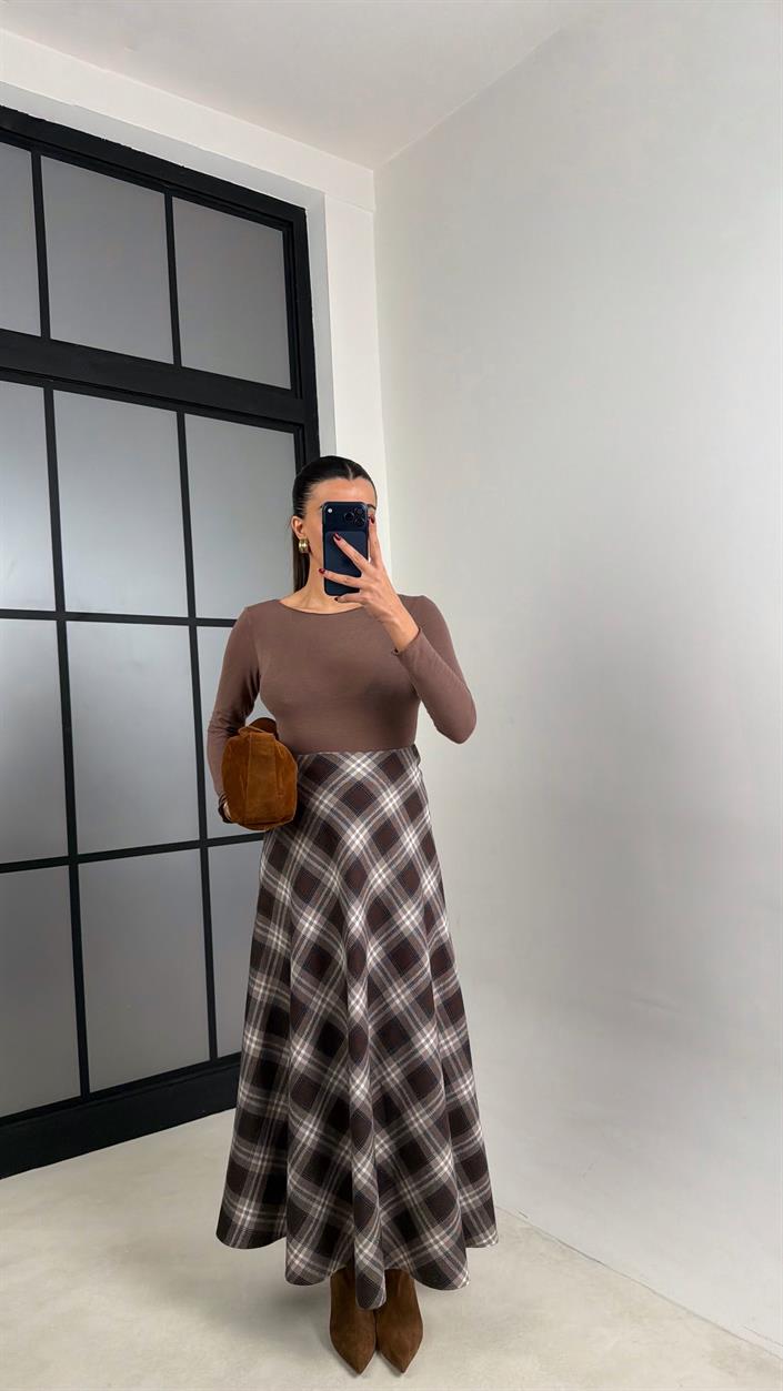 Kahve Ekose Desenli Etek GAUS-00768