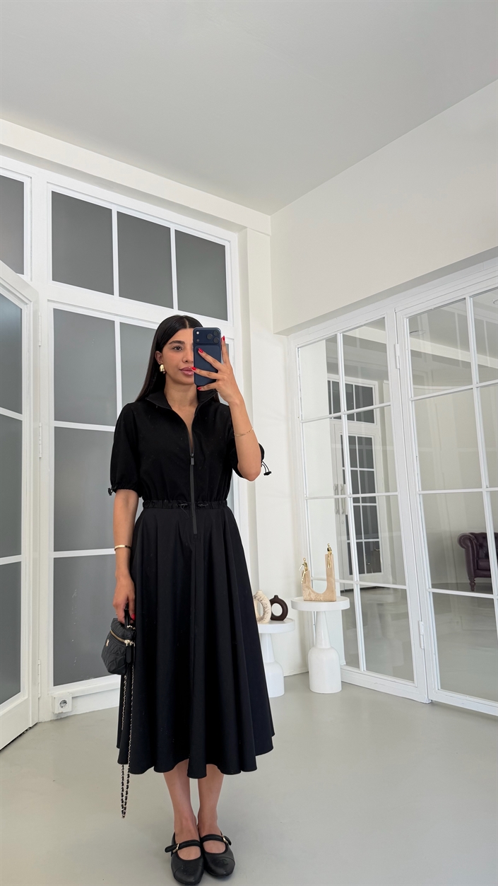 Siyah Beli Lastikli Fermuarlı Muadil Elbise GAUS-01850