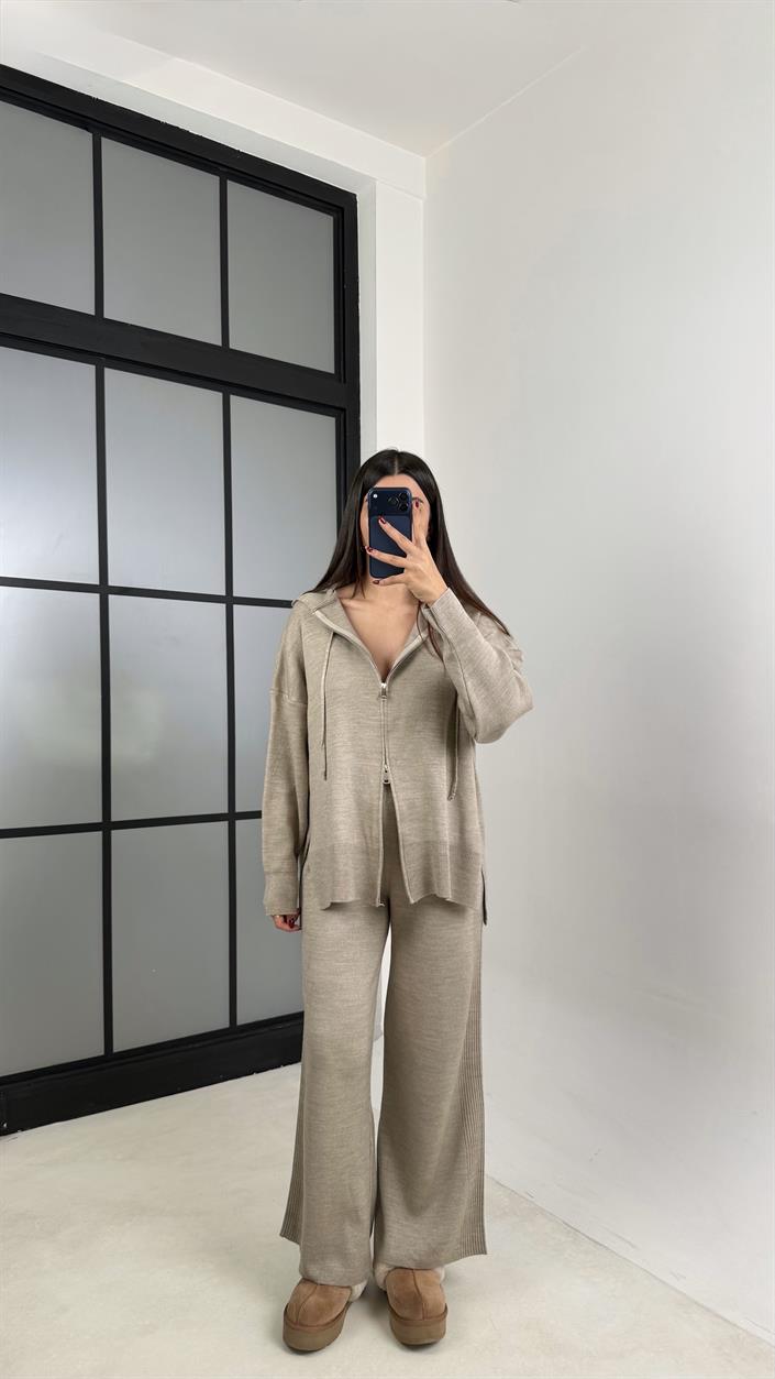 Vizon Çift Fermuarlı Kapüşonlu Hırka Beli Lastikli Pantolon İkili Triko Takım GAUS-00676