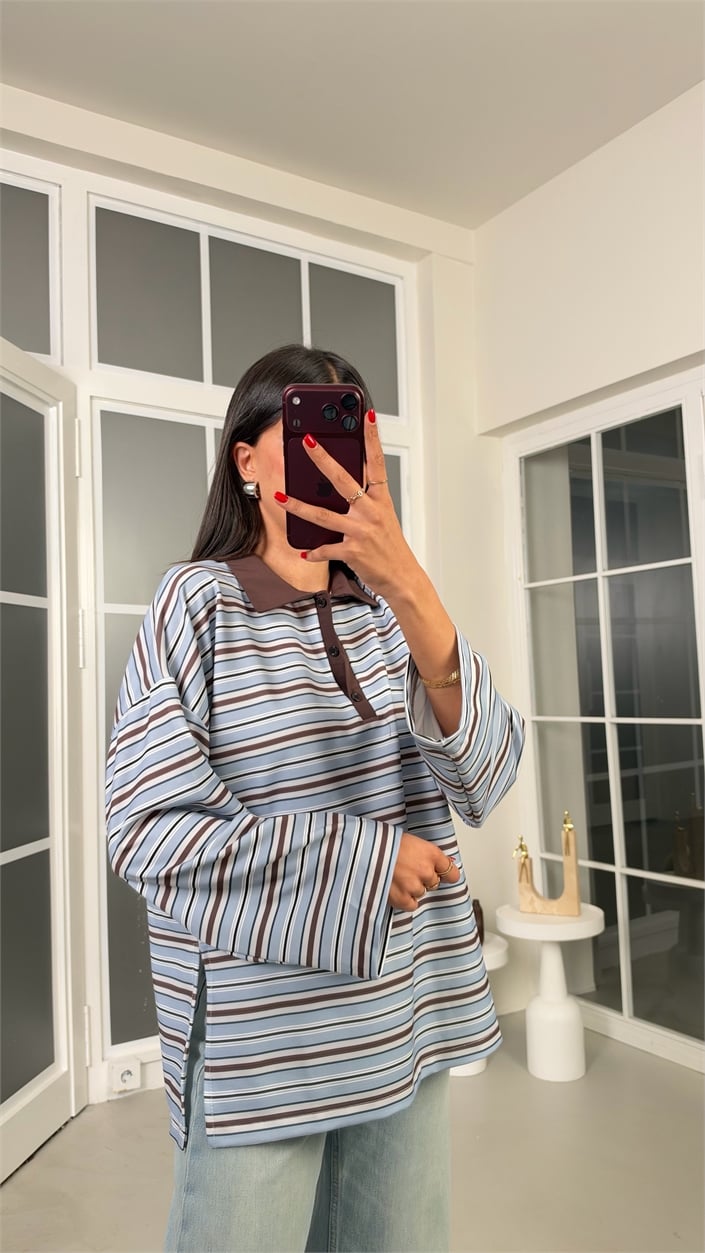 Açık Mavi Polo Yaka Şeritli Bluz GAUS-02306