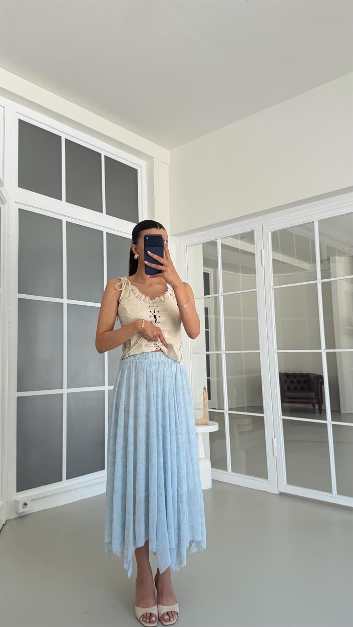 Mavi Nakışlı Astarlı Tül Etek GAUS-01696