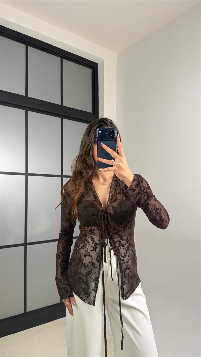 Acı Kahve Transparan Önü Bağlamalı Bluz GAUS-01146