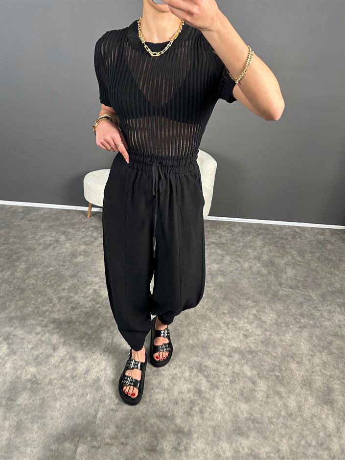 Siyah Paçası Fermuarlı Şalvar Pantolon 