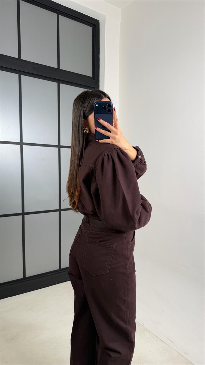 Kahve Kemerli Premium Denim Tulum GAUS-00739 GAUS-00673