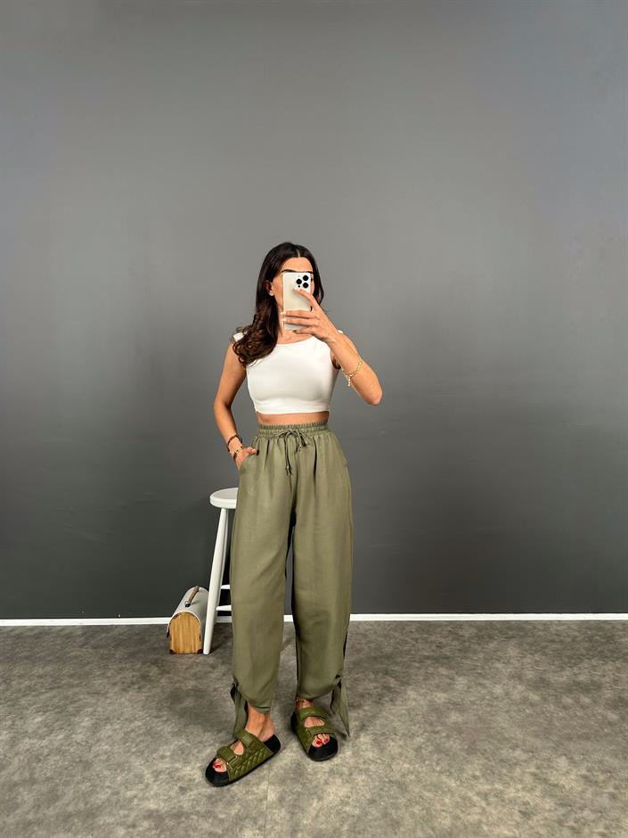 Haki Paçası Bağlamalı Rahat Dokuma Pantolon