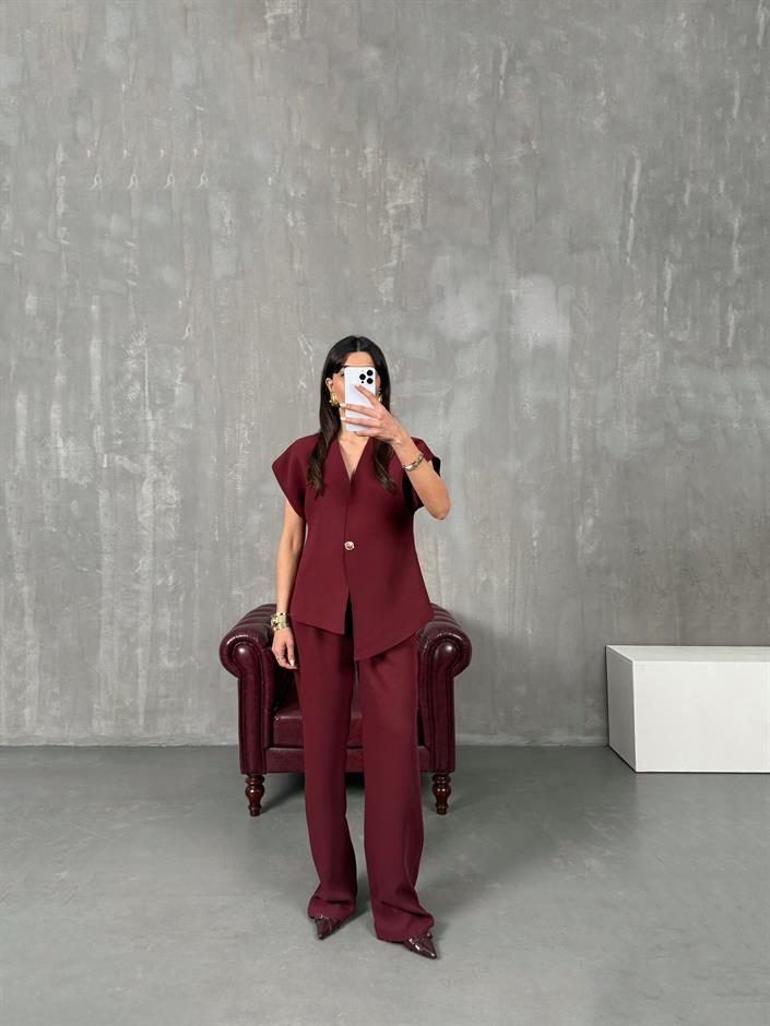 Jasmin Bordo Premium Asimetrik Yelekli Takım