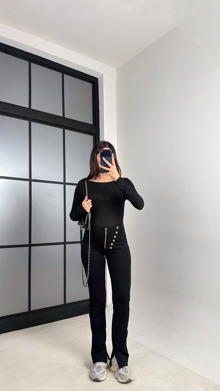 Siyah Çıtçıt Düğmeli Fermarlı Muadil Tayt GAUS-00897