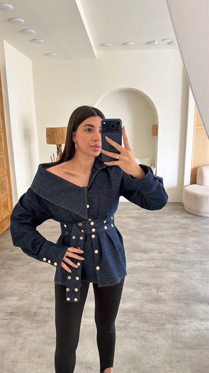 Lacivert Zımba Detaylı Kemerli Tasarım Denim Gömlek GAUS-01071 GAUS-01134