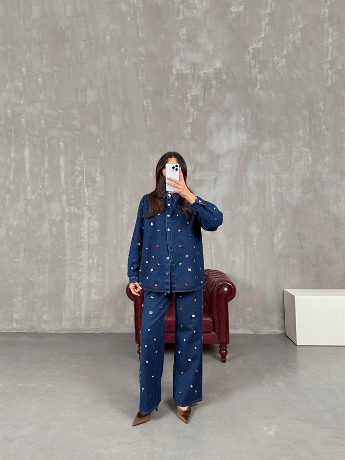 Pares Lacivert Taşlı Tasarım Denim Takım