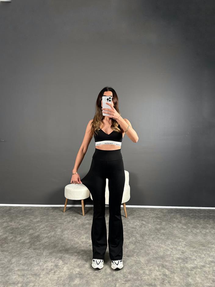 Oysh Siyah İspanyol Paça Tayt Pantolon 