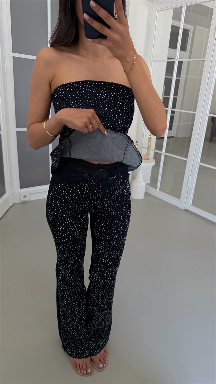 Lacivert Bluz Pantolon Taş Detaylı Premium Denim Takım GAUS-01793