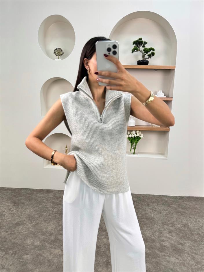 SHG Gri Fermuarlı Triko Süveter