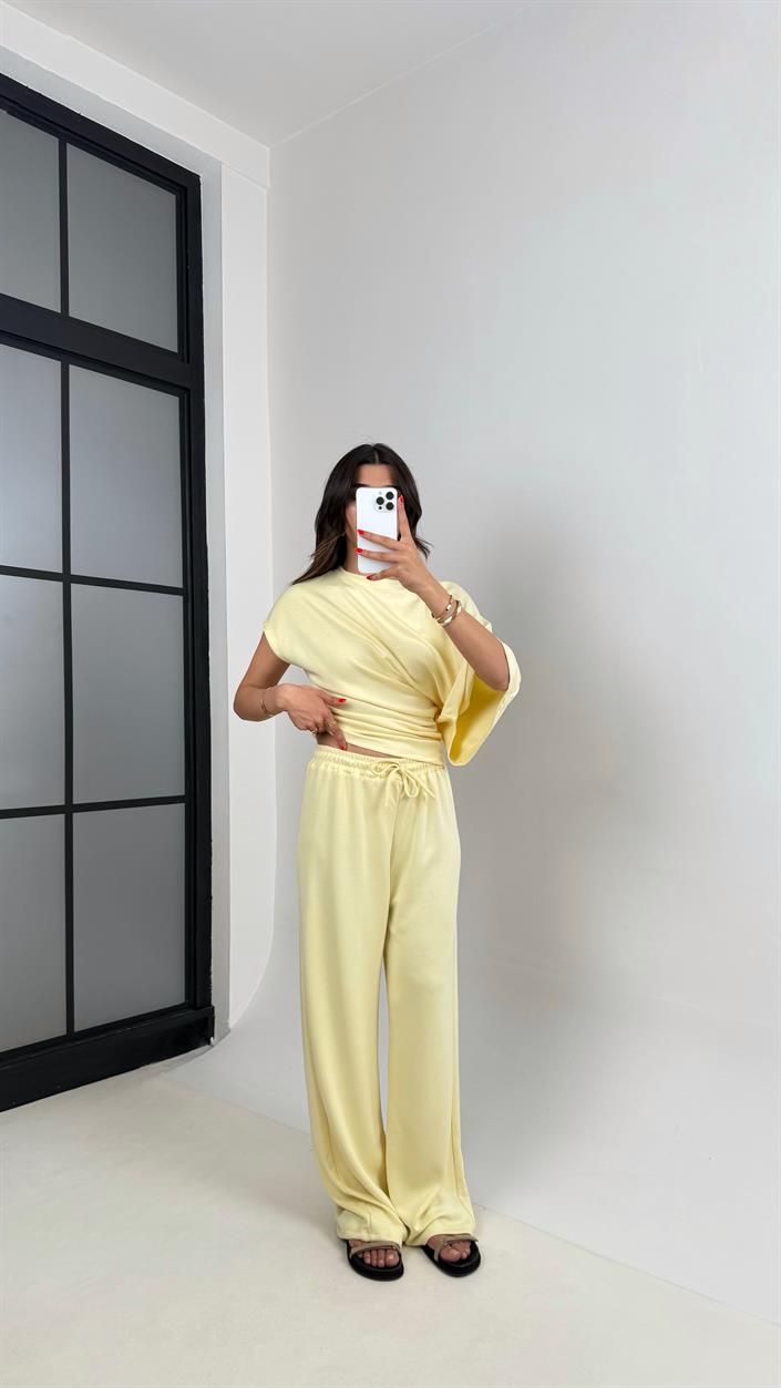 Sarı Yarasa Kol Bluz Beli Lastikli Pantolon Tasarım Modal Kumaş Takım Gaus00490