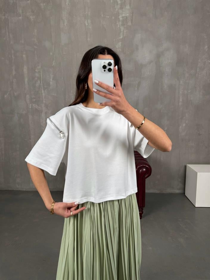 Ace Beyaz MD Muadil Kol Fermuar Detaylı Tshirt