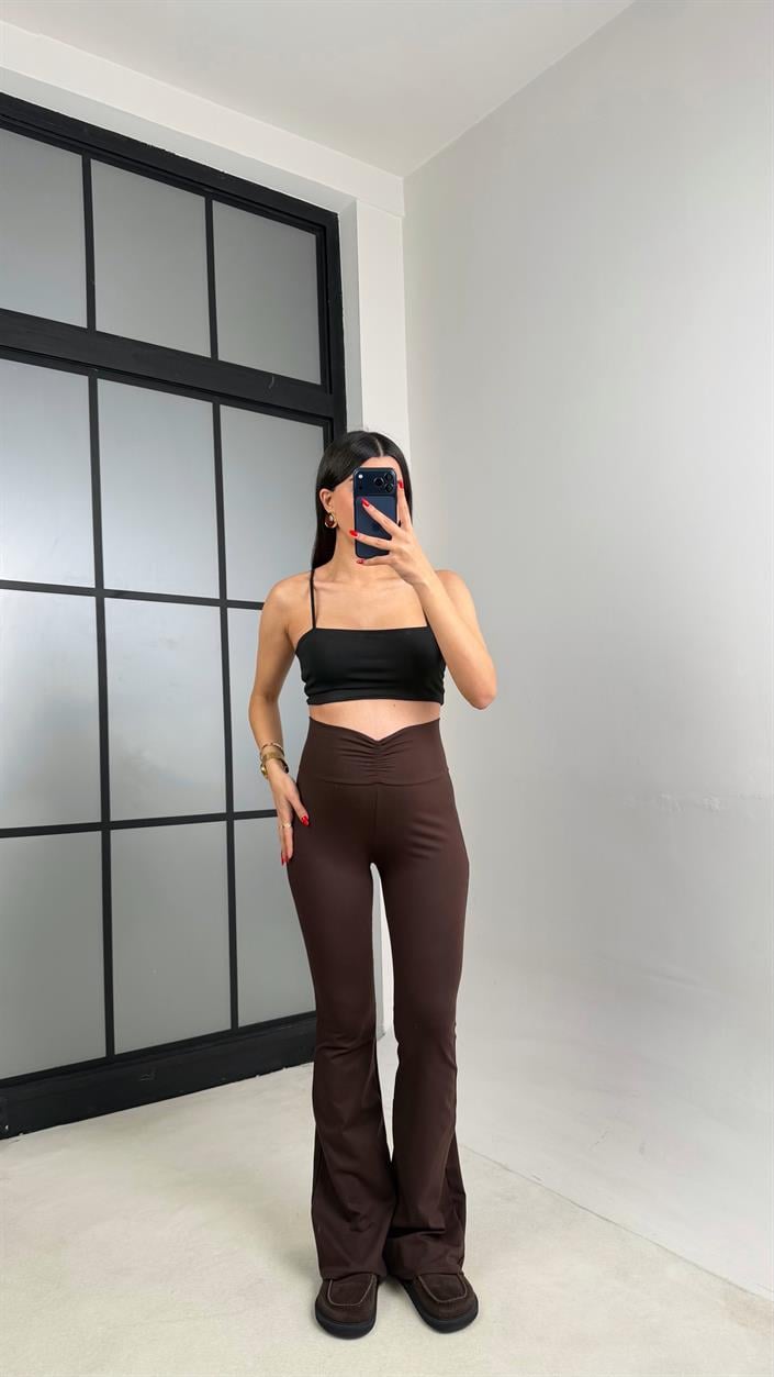 Kahve Drape Detaylı İspanyol Paça Tayt GAUS-01045