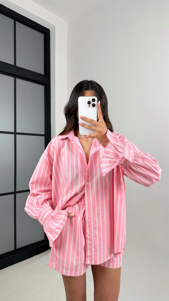 Pembe Çizgili Kol Bağlamalı Gömlek Beli Lastikli Şort İkili Takım Gaus00528