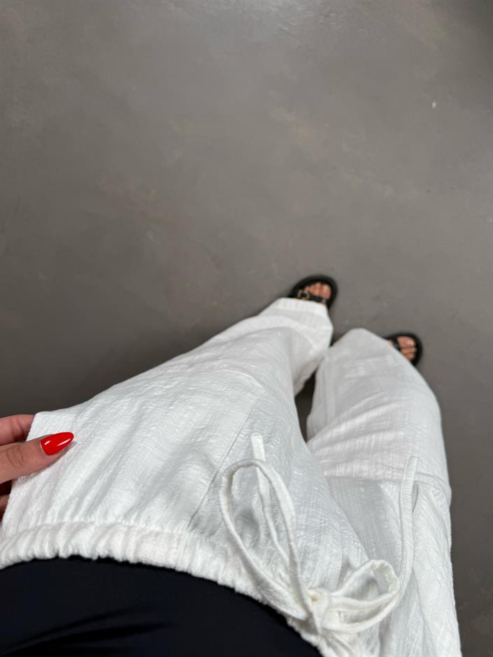 Beyaz Beli Lastikli Keten Pantolon Gaus00156