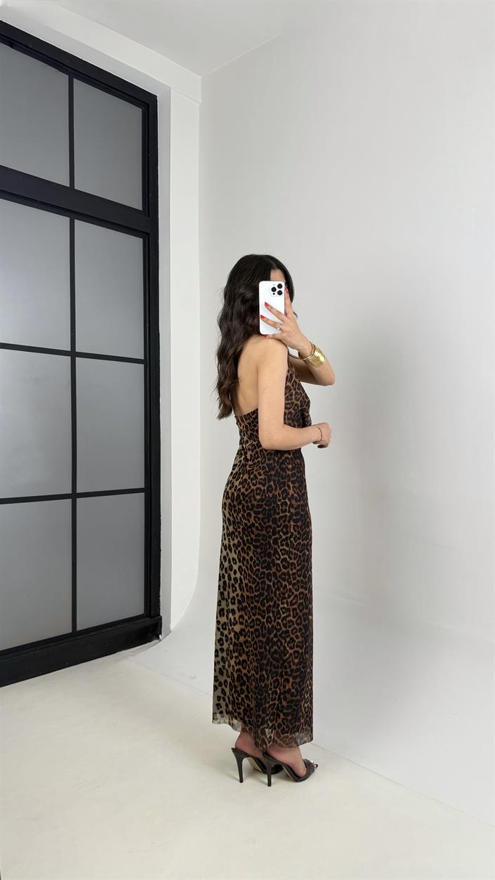 Leopar Degaje Yaka Astarlı Tasarım Şifon Elbise Gaus00466