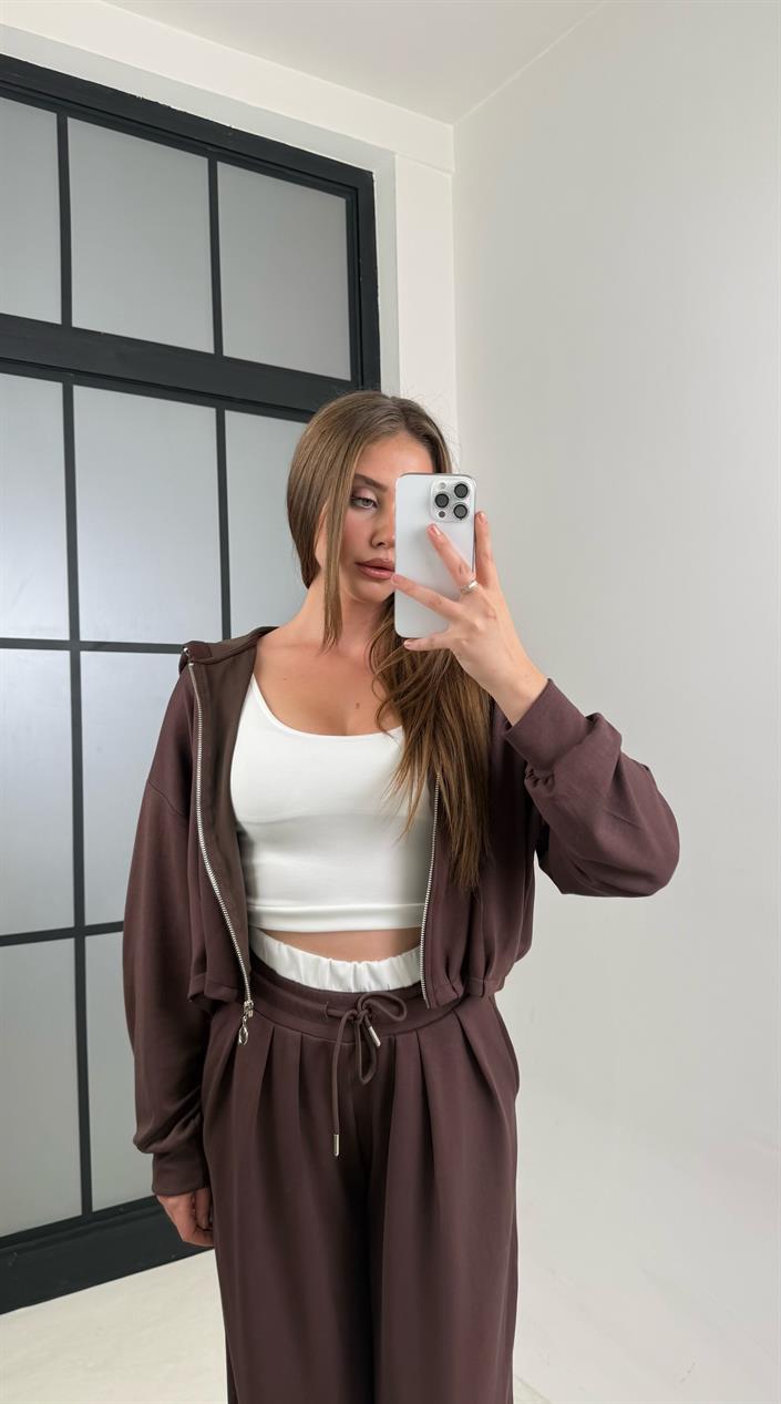 Acı Kahve Atlet Hırka Beli Lastikli Pantolon 3lü Modal Takım GAUS-00645