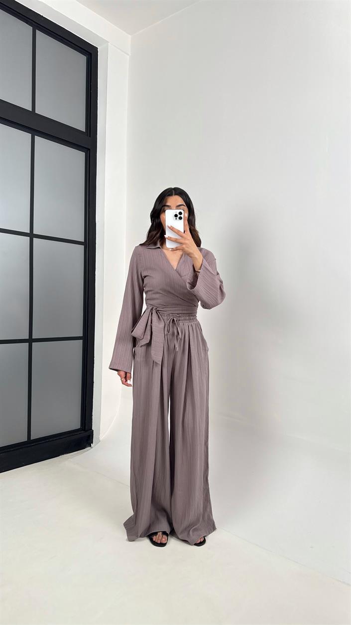 Mürdüm Bağlamalı Üst Beli Lastikli Pantolon Gofre Takım Gaus00389 