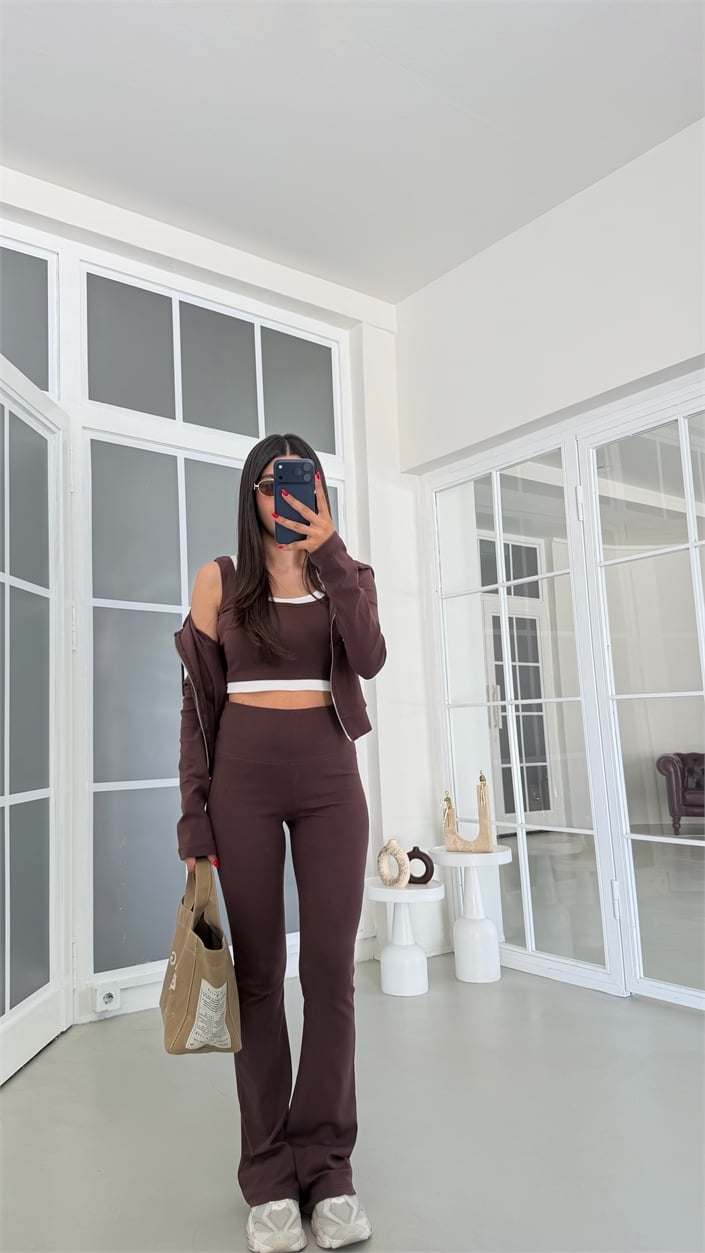 Kahve Hırka Crop Beli Lastikli Pantolon 3lü Basic Takım GAUS-01889