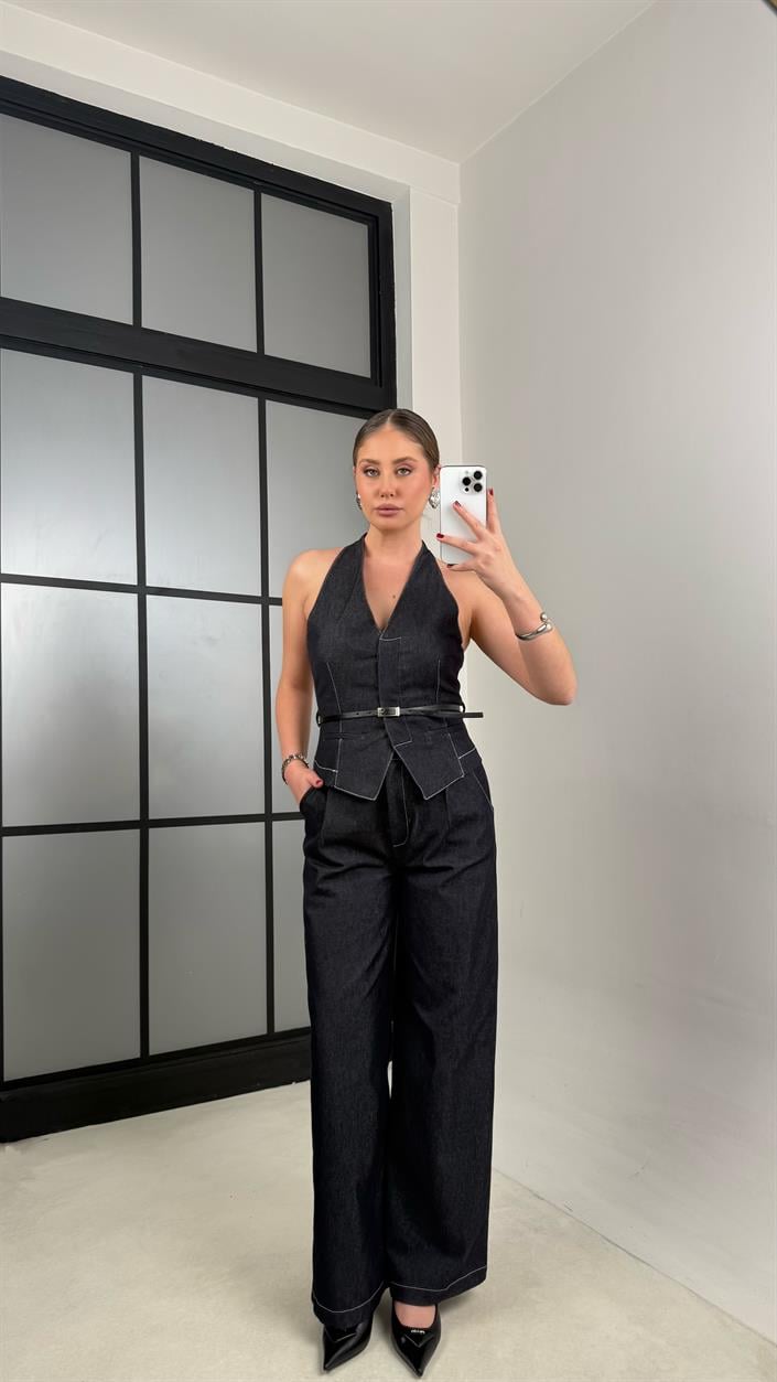 Lacivert Kemerli Yelek Pantolon İkili Denim Takım GAUS-00997