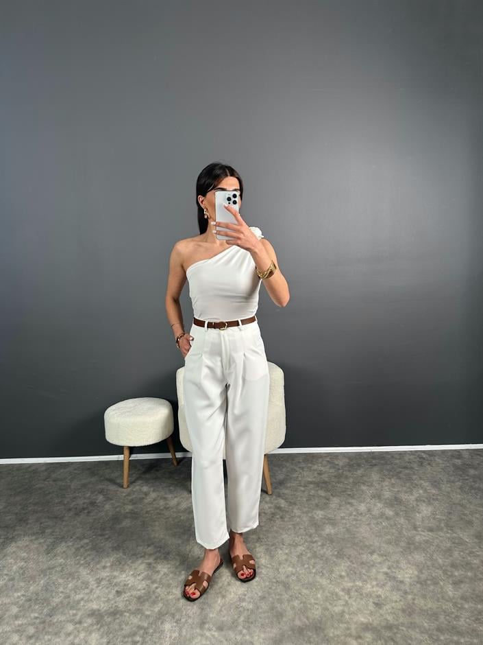 Beyaz ZR Muadil Kemerli Pantolon