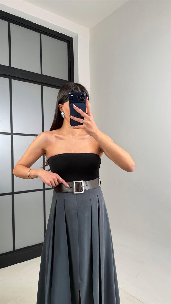 Antrasit Deri Kemerli Yırtmaçlı Tencel Etek GAUS-01088