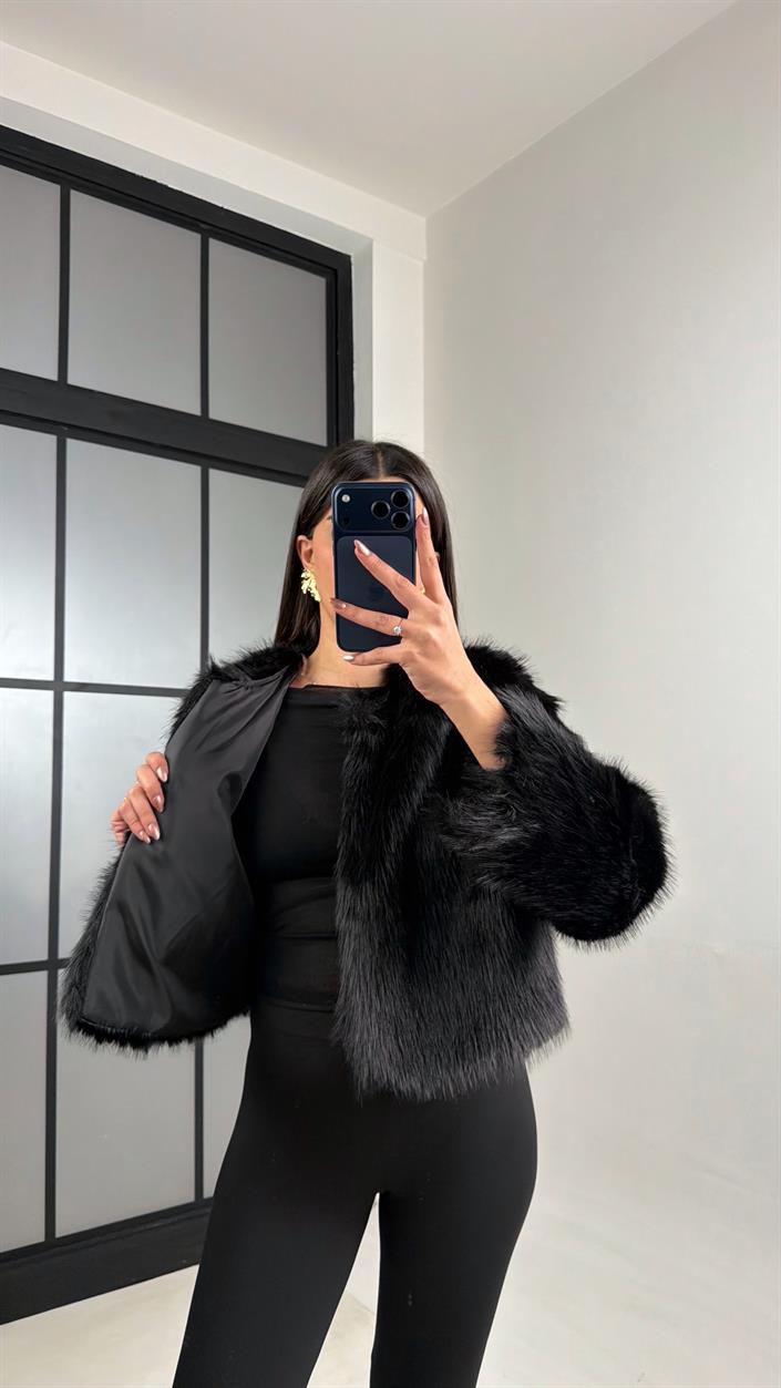 Siyah Astarlı Muadil Crop Kürk GAUS-01103