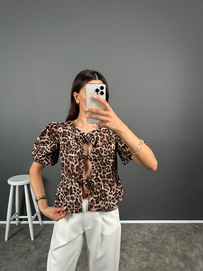 Leoparlı Bağlamalı Balon Kol Gömlek 