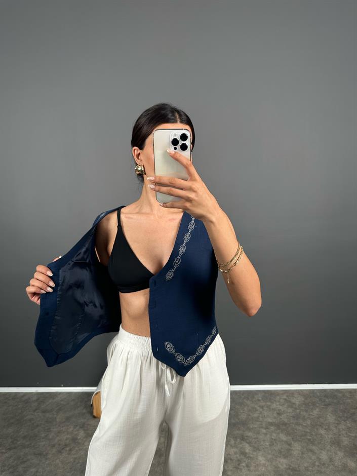 Olist Lacivert Nakışlı Astarlı Yelek 