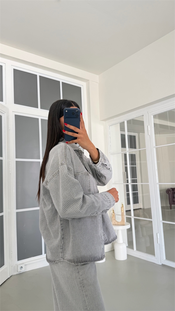 Gri Çizgi Detaylı Gömlek Pantolon İkili Denim Takım GAUS-01882