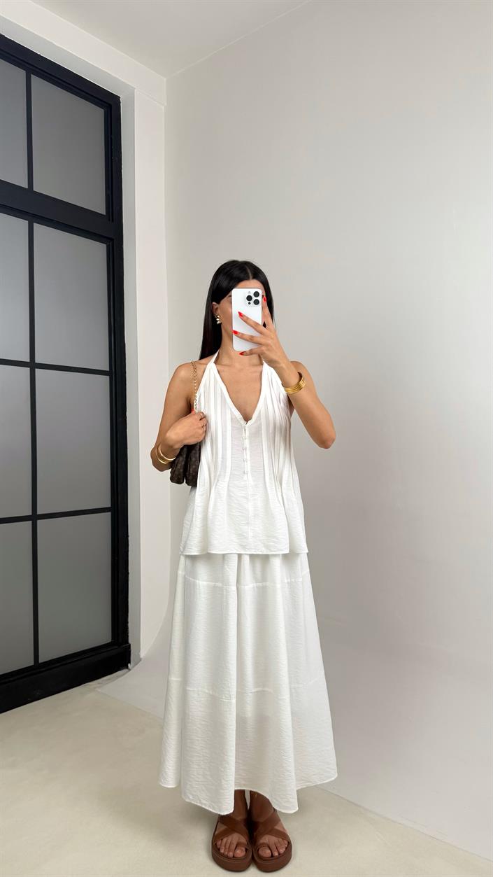 Beyaz V Yaka Sırt Dekolteli Bluz Beli Lastikli Etek Kırışık Tencel Kumaş Takım GAUS-0039
