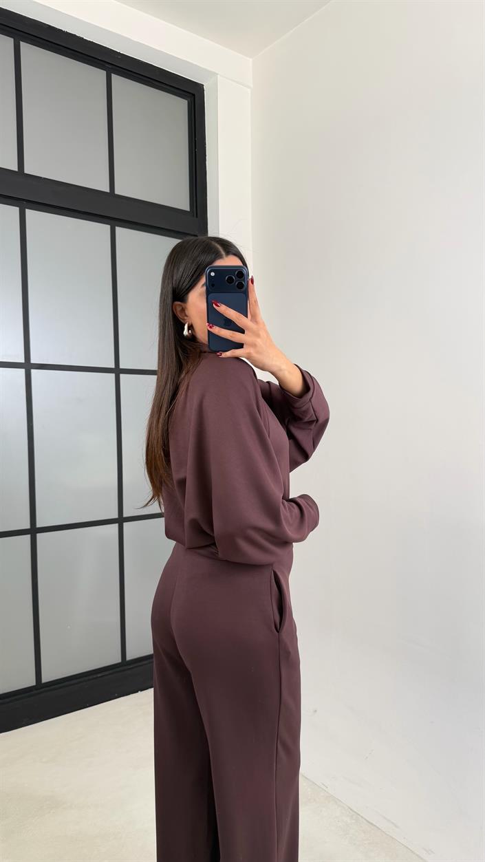Acı Kahve Fermuarlı Hırka Beli Lastikli Pantolon Modal Takım GAUS-00665