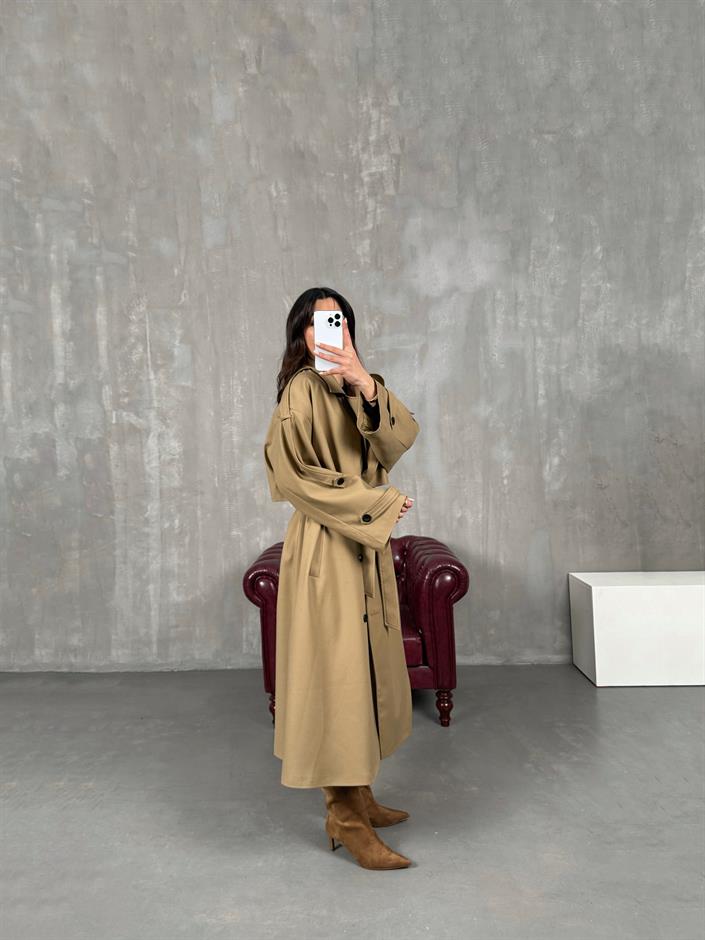 Telsa Camel Kuşaklı Poliviskon Astarlı Premium Trençkot 