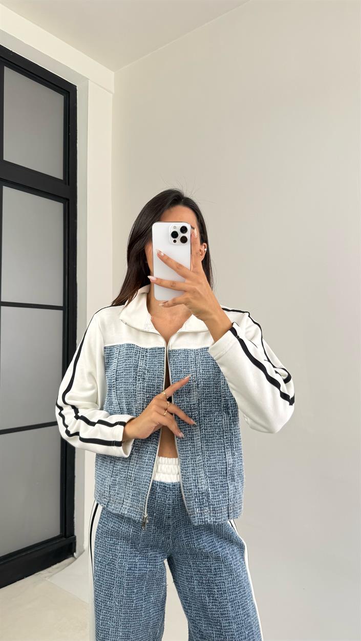 Beyaz Şeritli Denim Detaylı Ceket Beli Lastikli Pantolon İkili Takım GAUS-00113