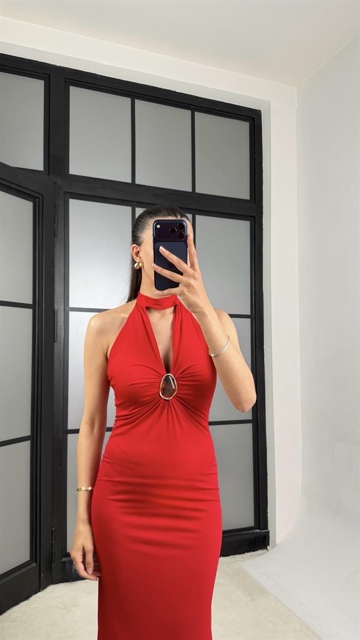 Kırmızı Boyundan Bağlamalı Gold Toka Detaylı Elbise GAUS-01504