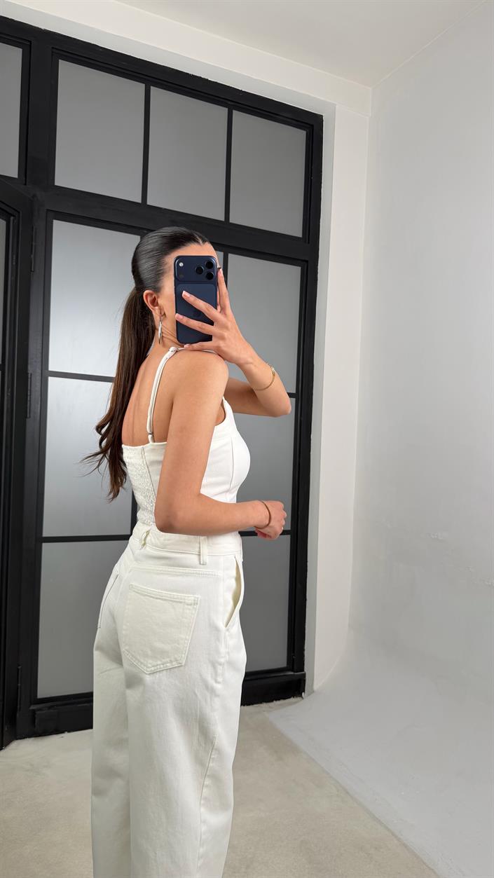 Ekru Ayarlanabilir Askılı Denim Tulum GAUS-01521