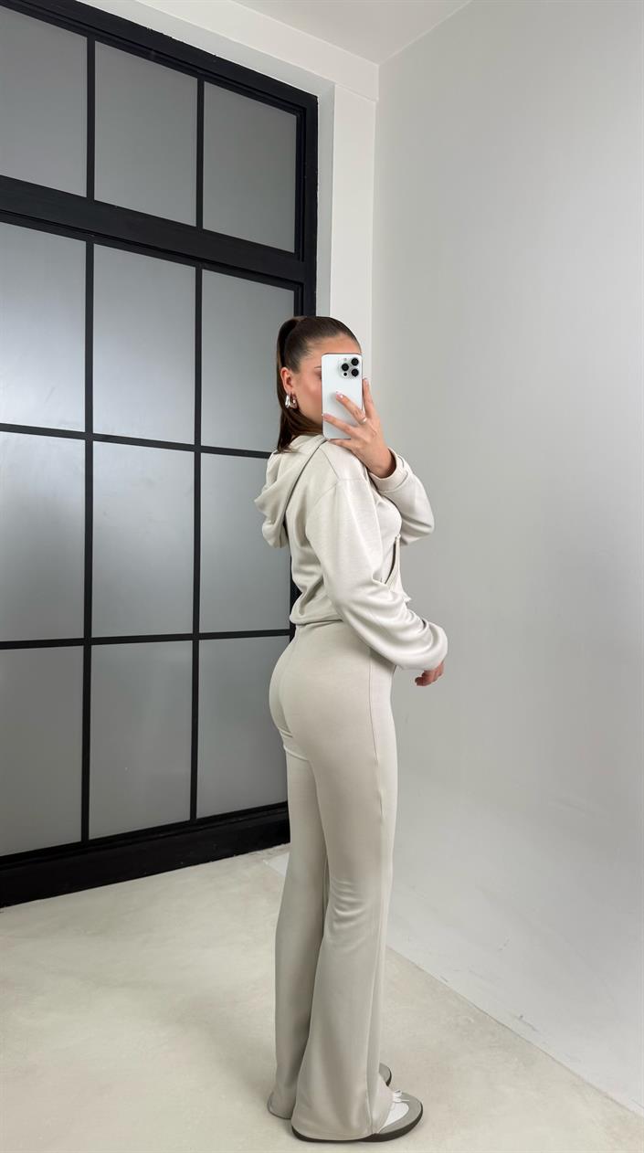Taş Crop Hırka Beli Lastikli İspanyol Paça Pantolon İkili Takım GAUS-00557