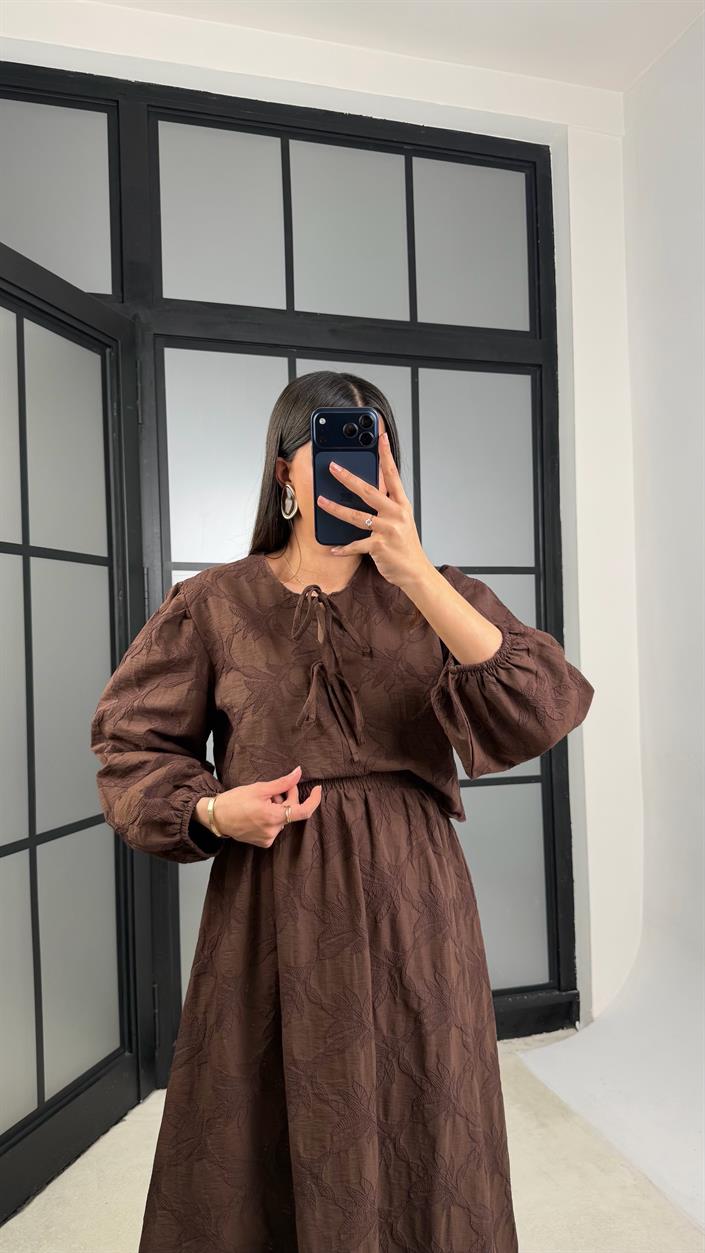 Kahve Çiçek Nakışlı Gömlek Beli Lastikli Etek Takım GAUS-01182