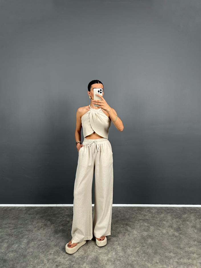 Pony Taş Keten Karışımlı Crop Pantolon Takım