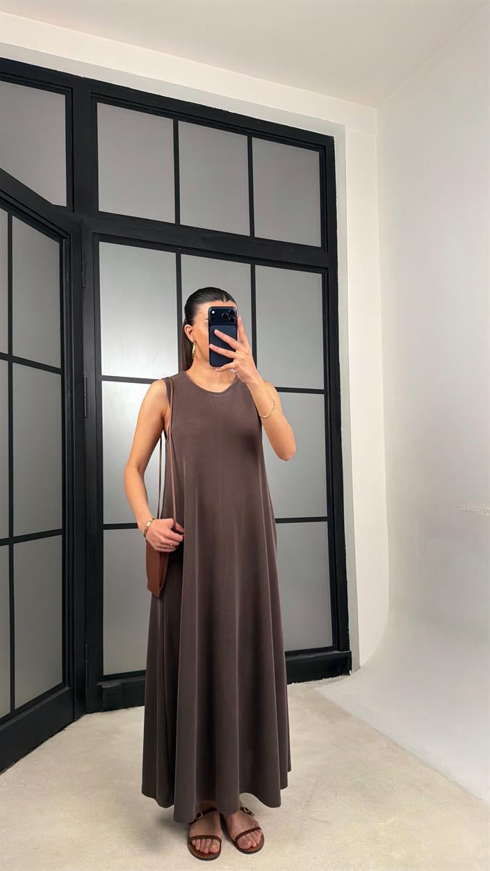 Kahve Sıfır Kol Basic Modal Kumaş Elbise GAUS-01329