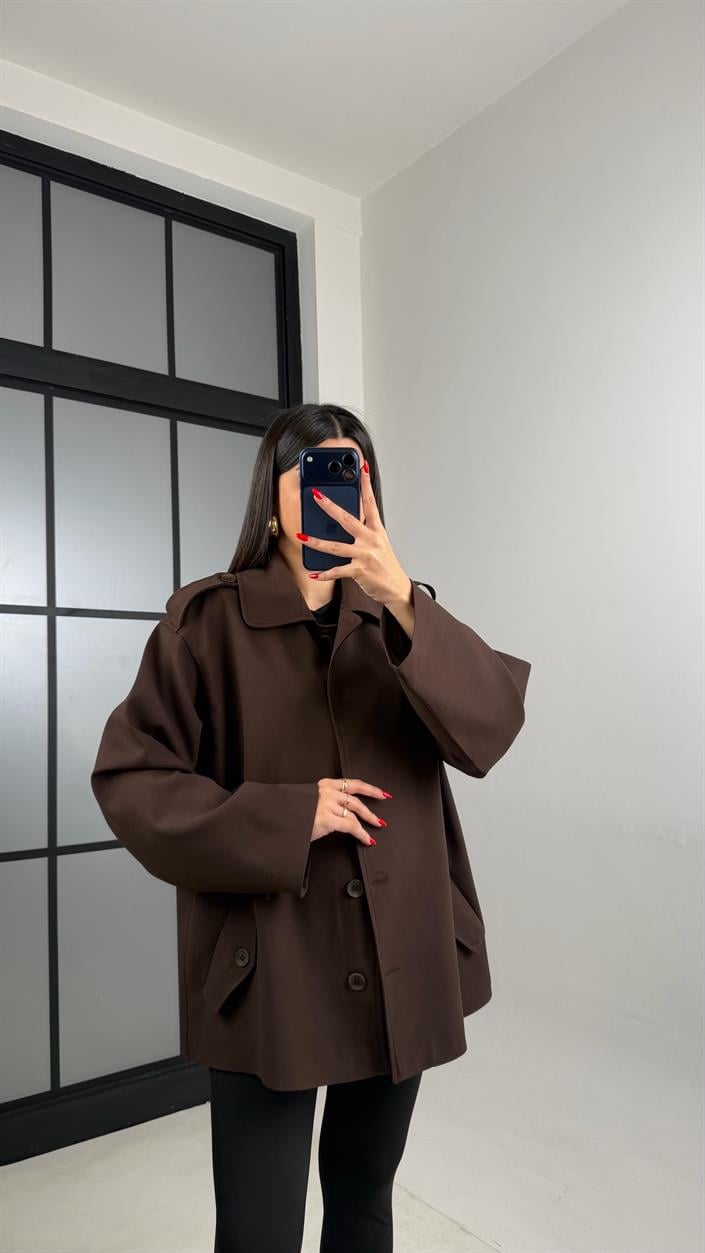 Acı Kahve Astarlı Kuşaklı Apolet Detaylı Trençkot GAUS-00978