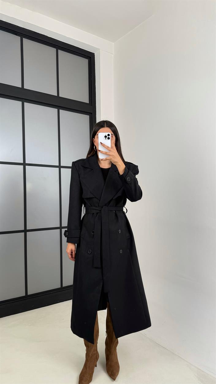 Siyah Astarlı Kuşaklı Süet Trençkot GAUS-00228