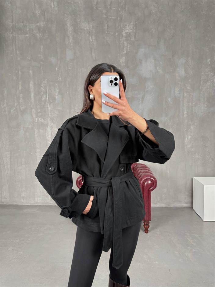 Vegas Siyah Kuşaklı Kısa Gabardin Trençkot